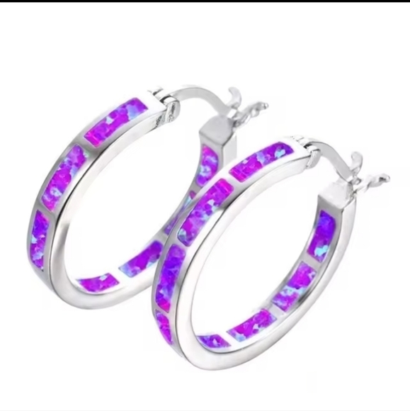 Purple Simulated Opal Hoop Earring with Siver Overlay - Picture 3 of 5